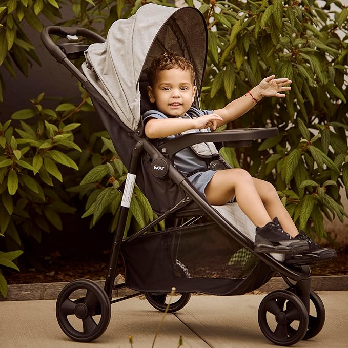 Evolur Breeze Stroller in Grey, Adjustable Backrest & Canopy, Compact Fold Lightweight Baby/Toddler Stroller with Storage Basket