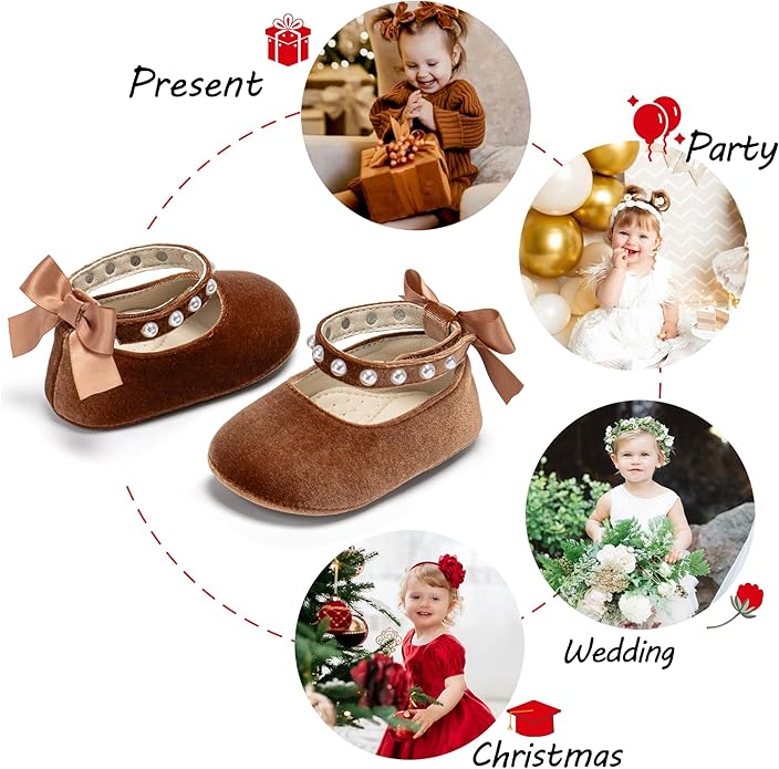 Baby Girls Mary Jane Flats - Infant Newborn Walking Shoes Soft Rubber Sole Princess Wedding
