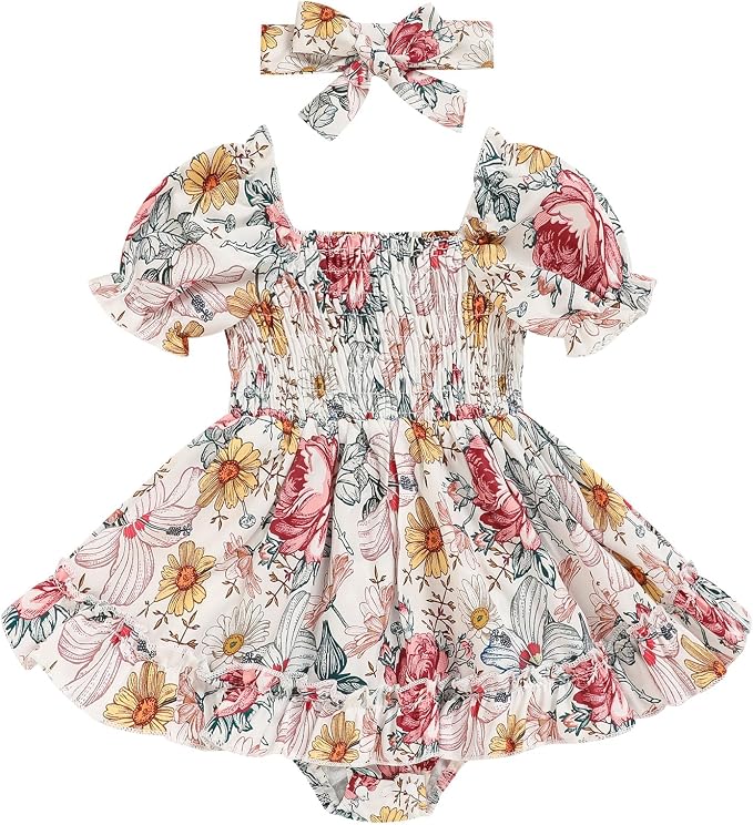 GRNSHTS Baby Girl Romper Dress, Puff Sleeve Smocked Outfit by GRNSHTS