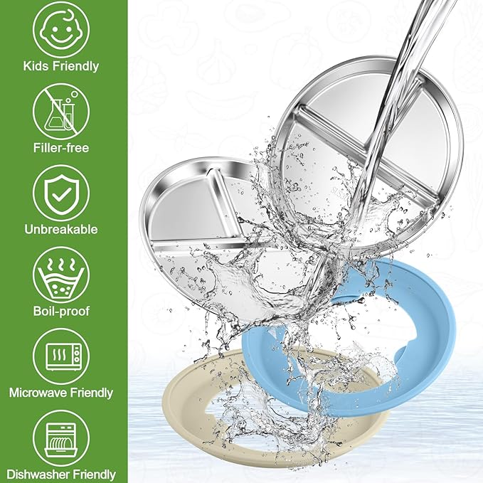BUSOHA 2 Pack Stainless Steel Kids Plate with Suction - 9” Divided Toddler Baby Plates with Silicone Sleeves Non-Slip 2-in-1 Anti Breakage Metal Toddler Bowls Microwave Dishwasher Safe