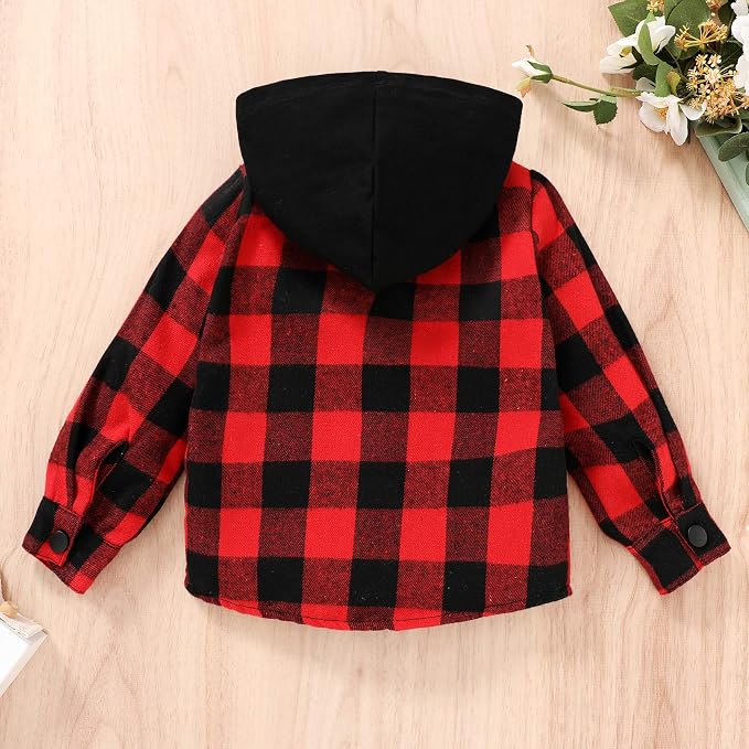 YOUNGER STAR Toddler Kids Boys Girls Flannel Hooded Plaid Shirt Button Baby Red - Image 2