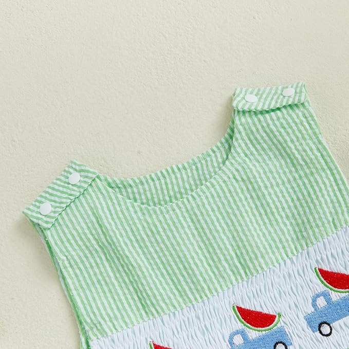 Newborn Baby Boys Sleeveless Seersucker Romper One Piece Straps Overalls - Image 4