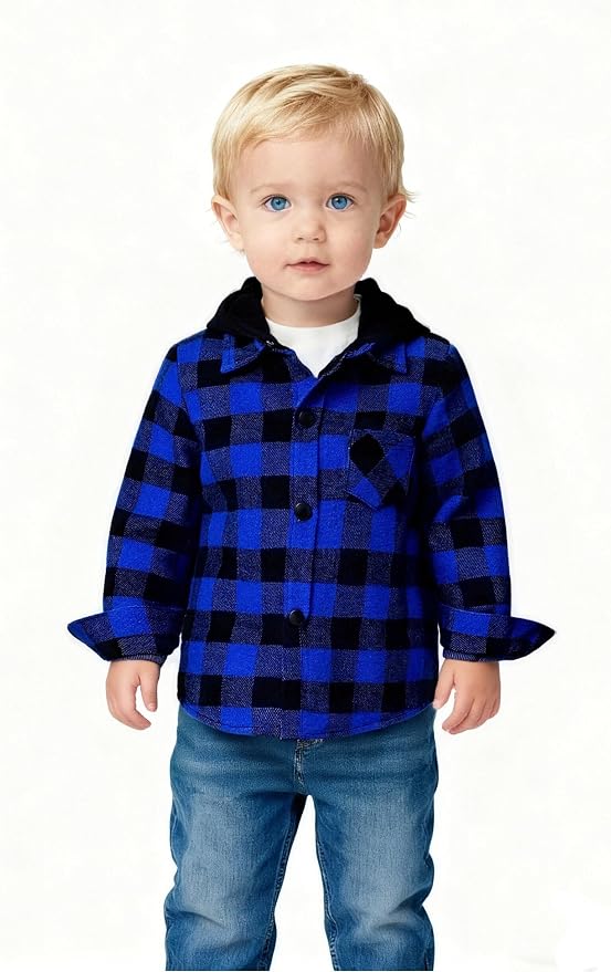YOUNGER STAR Toddler Kids Boys Girls Flannel Hooded Plaid Shirt Button Baby Red - Image 2