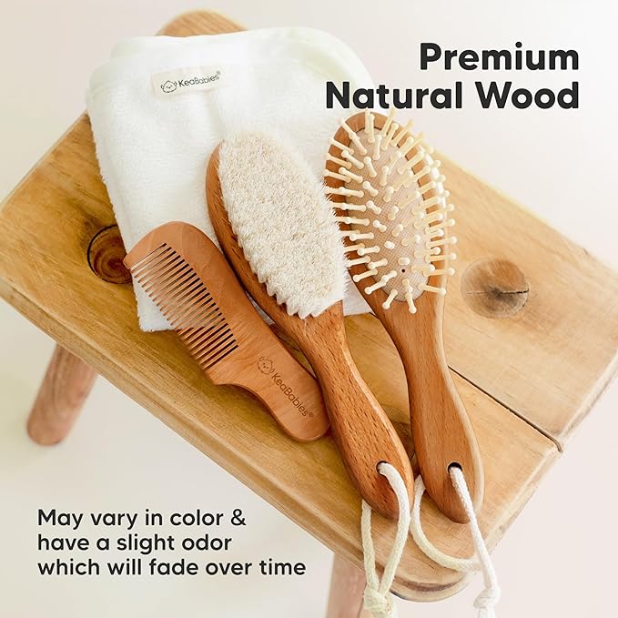 Wooden Baby Hair Brush - Cradle Cap Baby Brush with Soft Goat Bristles, Perfect Gentle Scalp Newborn Comb for Infant, Girls, Boys, Bath Essentials (Golden Oak, Oval)