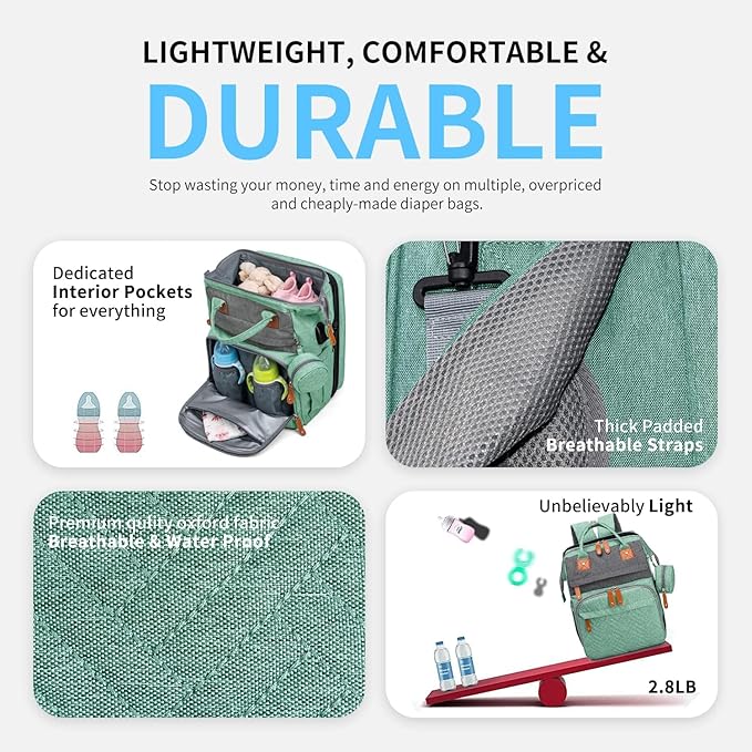 KABAQOO Diaper Bag Backpack with Detachable Changing Station, Large Capacity Baby Diaper Bags for Boys & Girls, Baby Registry Search Stuff & Shower Gifts, Newborn Essentials Must Haves, Green Grey