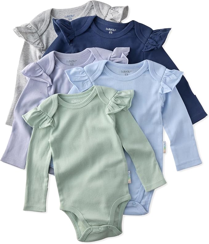 Butterblu Ashley 5-Pack Long Sleeve Ruffle Shoulder Bodysuits 100% Cotton | by Butterblu