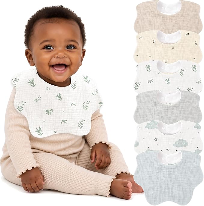 Bearmoss Muslin Baby Bibs for Drooling & Teething Cotton Drool Bib 6 Pack | by Bearmoss