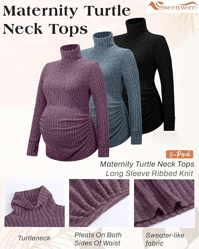 3 Pack Maternity T-Shirts Pregnancy Tops Women Sweater Long Sleeve Turtleneck Ribbed Finger Sleeve Outfits