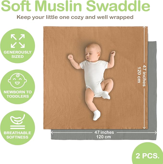 100% Organic Cotton 2 PK Baby Receiving Blankets Unisex 47x47 in | Oeko-TEX - Image 4