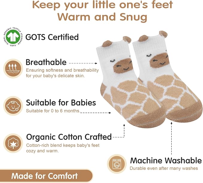 GOTS Organic Cotton Blend 7 Baby Socks 0-6 Months Animal Design Non Slip - Image 2