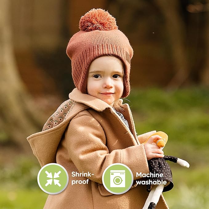 Baby Beanies, Baby Hats for Boys, Girls - Cute Toddler Winter Hat, Soft & Stretchy Beanies for Infant, Newborn 6-36 Months, Cozy & Warm with Earflap Muff & Pom (Latte)