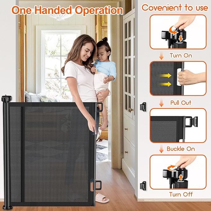 Upgrade 150 inch Retractable Baby Gates, EZIGO Extra Wide Baby Gate for Large Opening Extra Long Mesh Gate for Kids or Pet Dog Gate Child Safety Gate for Stairs Hallways Doorway Indoor Outdoor, Black