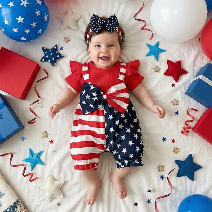 YINGISFITM Newborn Baby Girl Summer Clothes Short Sleeve Bubble Romper Bow - Image 4