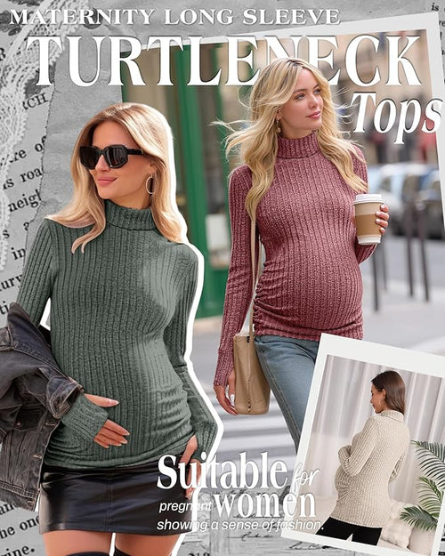 3 Pack Maternity T-Shirts Pregnancy Tops Women Sweater Long Sleeve Turtleneck Ribbed Finger Sleeve Outfits