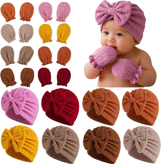 8 Sets Newborn Baby Girl Bow Hats and Mittens Turban Beanies 0-3M | Cotton by AHDSGJH