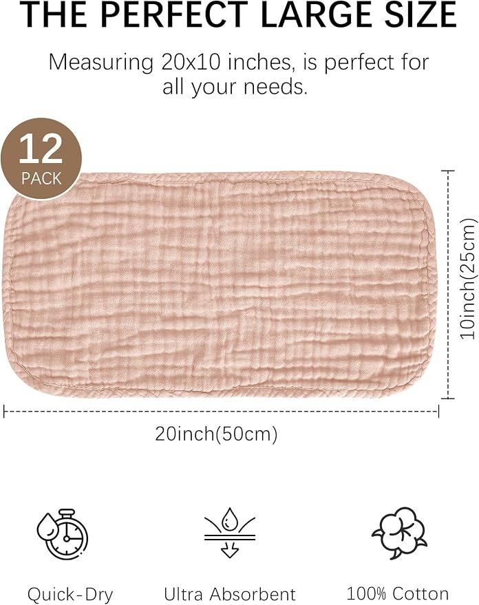 Lovely Care 12 Pack Muslin Burp Cloths 100% Cotton Muslin Cloths Large - Image 2