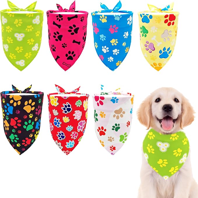 7 PCS Small Dog Bandanas Paw Print Hemming Seam Edge Dogs Bandana by Bestwishforyou