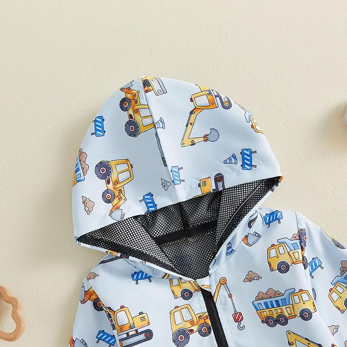 Toddler Baby Boy Lightweight Hooded Jacket Excavator Coat Outwear | Truck Print - Image 7