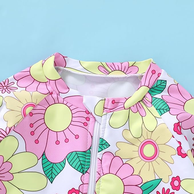 Infant Baby Girl Swimsuit One-Piece Long Sleeve Rash Guard with Hat Set Floral Zipper Bathing Suit Leopard Beach Wear