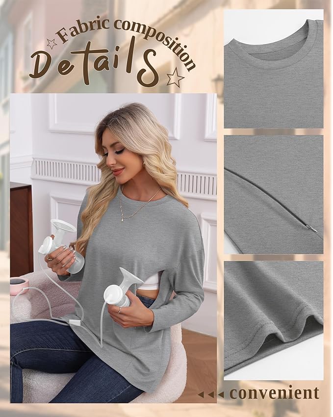 3 Pack Women's Nursing Breastfeeding Tops, Long Sleeve Maternity Shirts Oversize Hidden Zipper Pregnancy Clothes