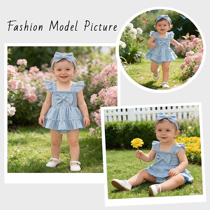 Baby Girl Smocked Romper Dress Ruffle Bow Summer Outfit - Image 2