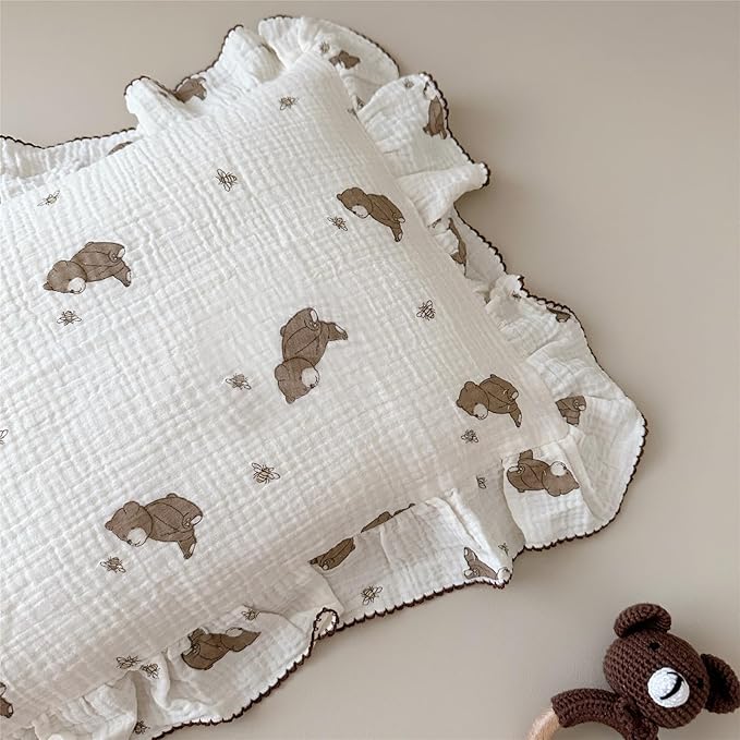 AOJIM Cute Cartoon Pattern Muslin Toddler Kids Pillow Case Super Soft Cotton Baby Crib Pillowcase 1pc with Ruffle Edge, Machine Washable Boys Girls Pillowcase with Bear and Bee Print, 26 * 20''