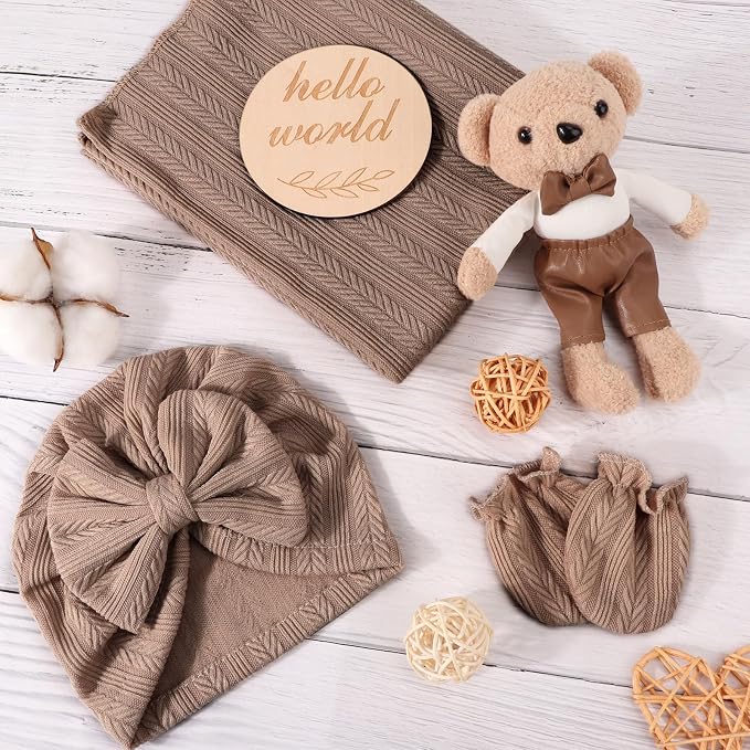 AQOKKA Newborn Receiving Blanket Wheat Ear Bow Hat Hairband Set - Image 2