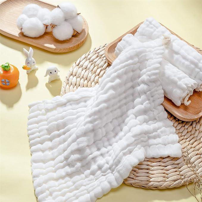 Baby Muslin Washcloths- Natural Cotton Wipes - Soft Newborn Face Towel for Sensitive Skin- Registry as Shower, 10 Pack 12x12 inches by MUKIN (White)