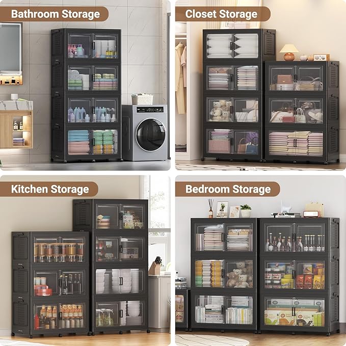 BROVIEW 800Qt Plastic Storage Bins with Lid and Wheels, 4Pack Extra Large Stackable Storage Bins with Dividers,Closet Organizers and Storage Cabinet Collapsible Box Shelves for Home Kitchen,Black