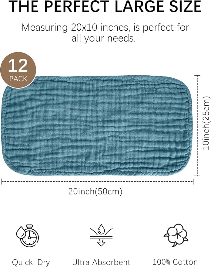Lovely Care 12 Pack Muslin Burp Cloths 100% Cotton Muslin Cloths Large - Image 2