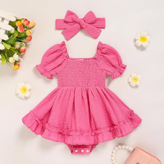 GRNSHTS Baby Girl Romper Dress, Puff Sleeve Smocked Outfit - Image 2