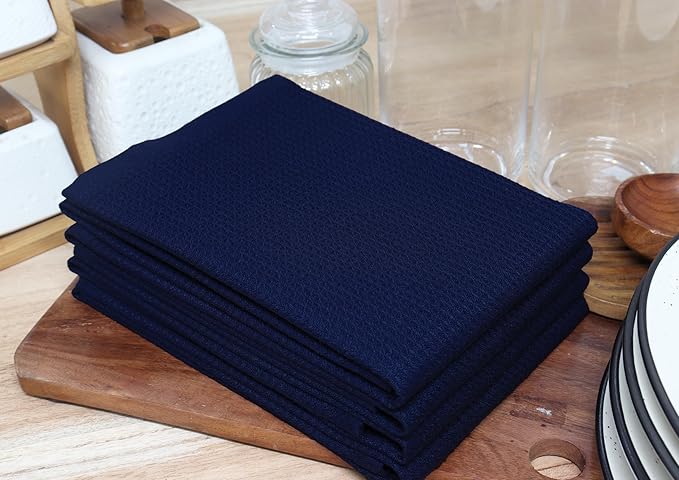 PurpleEssences Waffle Weave Kitchen Towel, 100% Cotton - 15 x 25 Inches, with Hanging Loop Ultra Soft Absorbent Quick Drying Dish Cloth, Tea and Hand Towels, 6 Pack - Fall Thanksgiving - Navy Blue