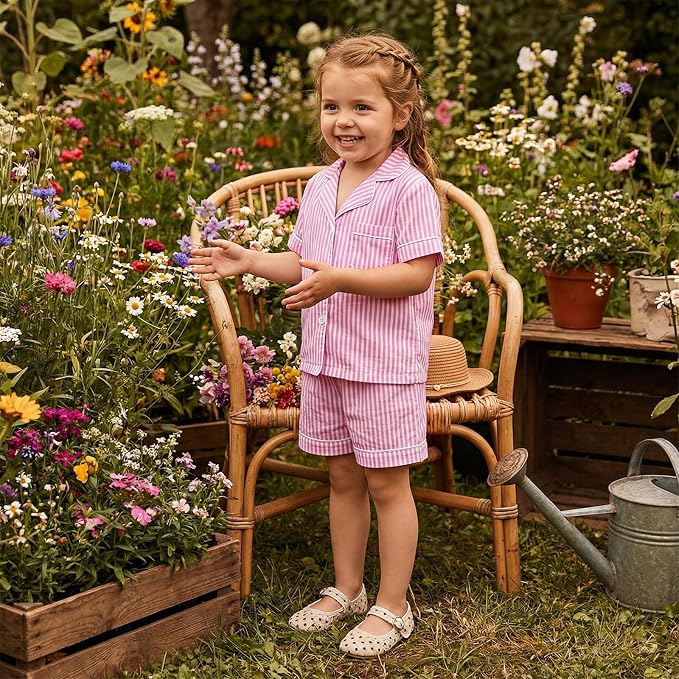 Kuriozud Toddler Baby Girl Pajamas Set Summer Floral Short Sleeve Button Down - Image 3
