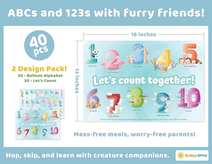 Disposable Placemats for Baby, Toddlers and Kids, 40 Disposable Baby Placemats for Restaurant, Dining Table & Travel, Learning Placemats for Kids, Toddler Travel Essential, Animals ABC & Numbers