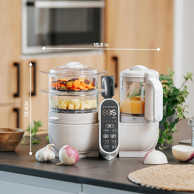 Babymoov Duo Meal Station 6 in 1: Multi-Speed Baby Food Maker Steamer and Puree Blender, Baby Food Processor that warms & defrosts (Nutritionist Approved), Mineral Beige