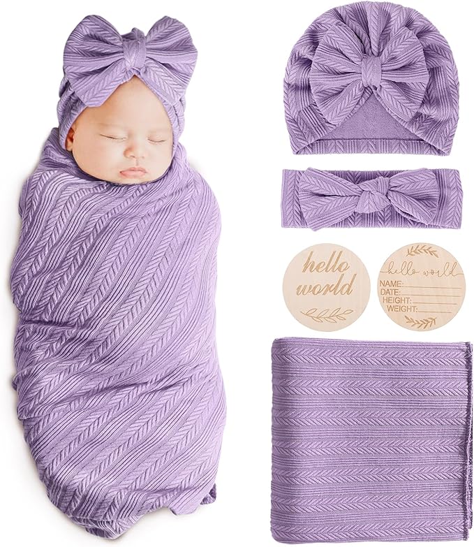 AQOKKA Newborn Receiving Blanket Wheat Ear Bow Hat Hairband Set by AQOKKA