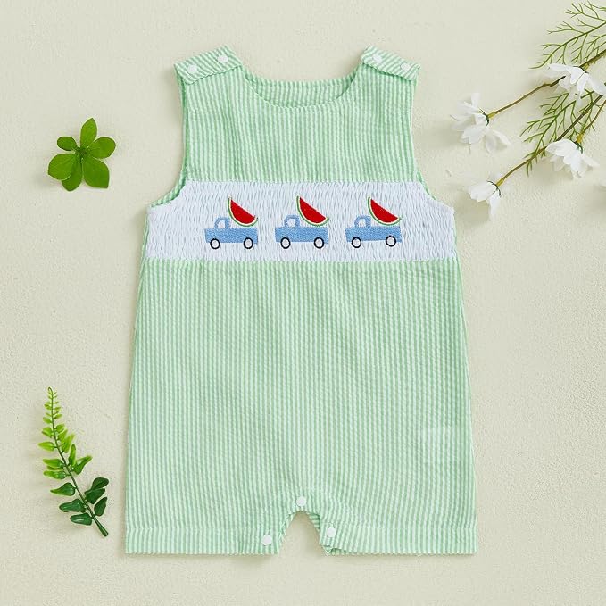 Newborn Baby Boys Sleeveless Seersucker Romper One Piece Straps Overalls - Image 2