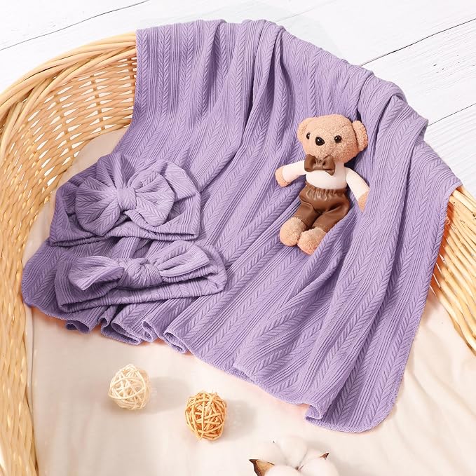 AQOKKA Newborn Receiving Blanket Wheat Ear Bow Hat Hairband Set - Image 3