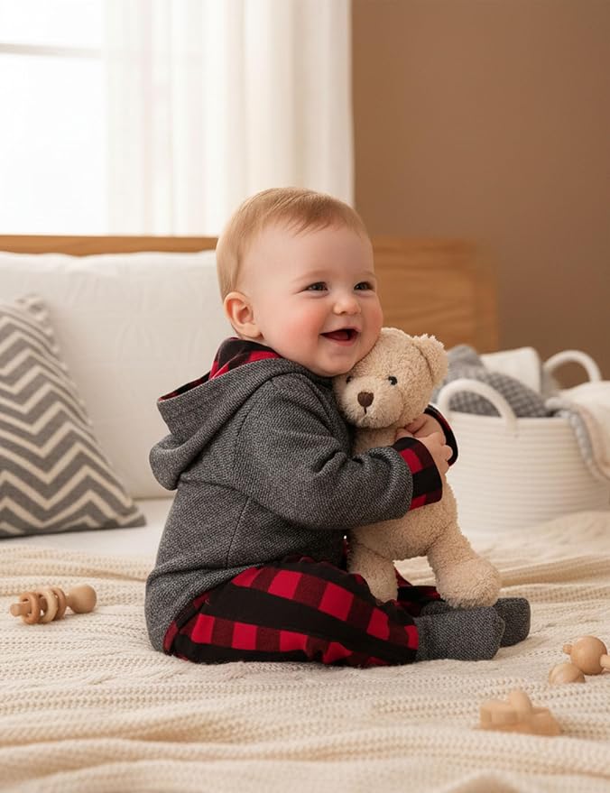 Fommy Newborn Baby Boy Clothes Plaid Letter Print Long Sleeve Hoodies + Long - Image 4