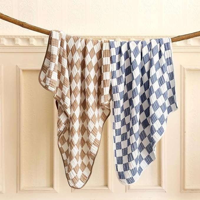 Ultra Soft Checkered Muslin Baby Blanket 2 Pack Cotton Swaddle Blanket 43" | 6 - Image 2