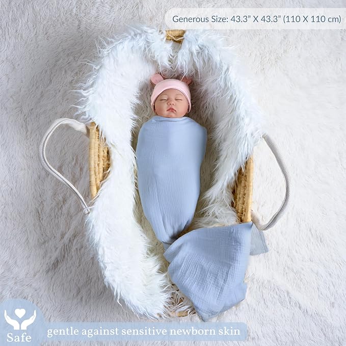 Meracorallo Muslin Swaddle Blanket, 100% Cotton Receiving Blanket, Sky Blue | - Image 2