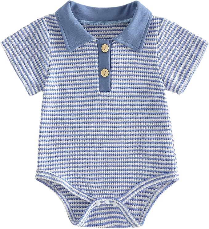 VISGOGO Baby Boy Striped Romper Waffle Short Sleeve Button Oversized Bodysuit by VISGOGO