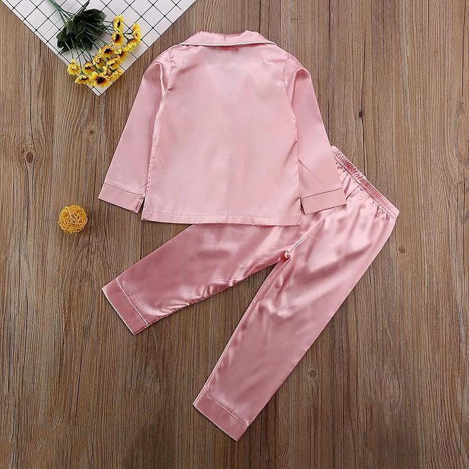 Kids Baby Girl Boy Satin Pajamas Set Button Down Sleep Shirt Top+Long Pants - Image 6