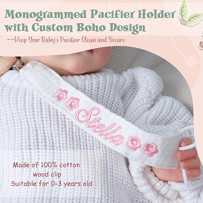 Personalized Bohemian Pacifier Clip Embroidered with Name is The Perfect Newborn Gift Made from eco-Friendly Bamboo!（Orange Red）