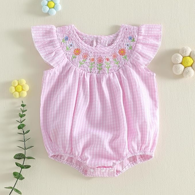 Newborn Baby Girl Bubble Romper Floral Stripe Smocked Onesie Summer Clothes - Image 5