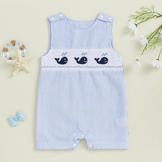 Newborn Baby Boys Sleeveless Seersucker Romper One Piece Straps Overalls - Image 2