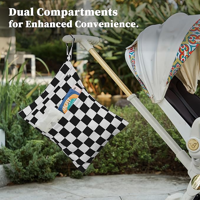 Black Checkered Waterproof Wet Dy Diaper Bag for Baby Essentials, Travel, Swimsuit, Beach Bag Accessories, Aesthetic Trendy Cute Toddler Baby Cloth Bag Pouch, Pack of 2