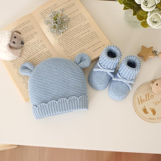 Hadetoto 100% Organic Cotton Baby Beanie and Booties Set | Newborn, Knit Sock - Image 5