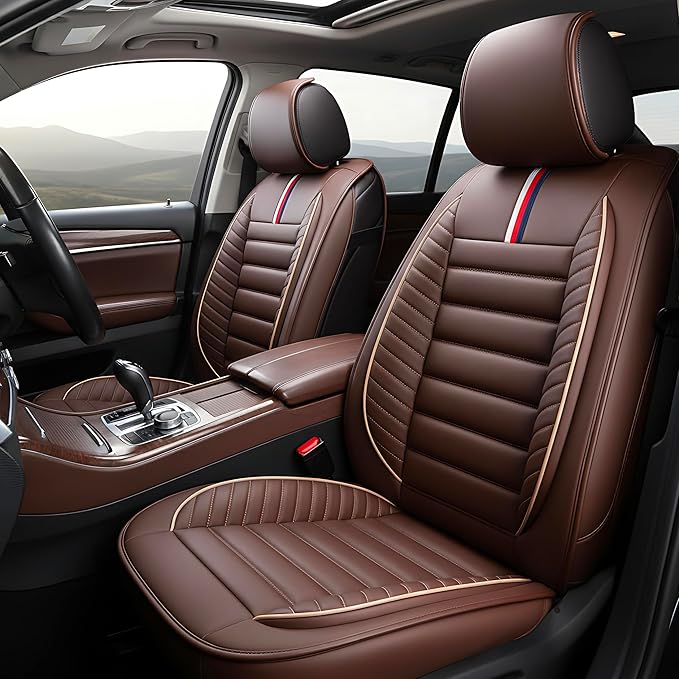 OASIS AUTO Car Seat Covers Premium Waterproof Faux Leather Cushion Universal Accessories Fit SUV Truck Sedan Automotive Vehicle Auto Interior Protector Full Set (OS-001 Brown)