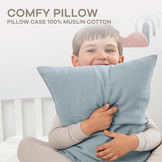 Comfy Cubs Toddler Pillow with Muslin Pillowcase, 13 x 18 in - Travel and Sleep Support for Kids - Lightweight, Breathable Microfiber Fill - Soft and Cozy Small Pillow for Toddlers - Pacific Blue